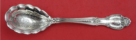 Sugar Spoon very unusual dated 1910 acid etched & engraved w/ flowers, bow & leaves 6